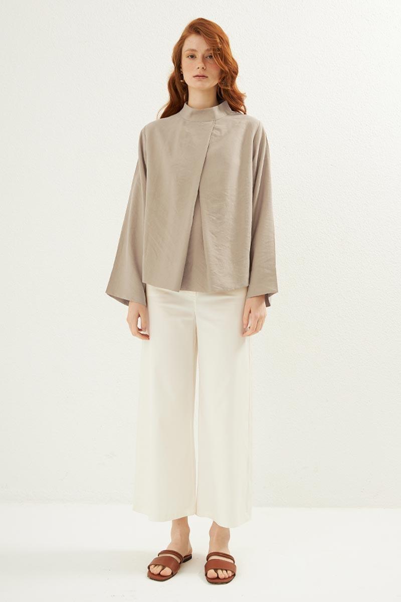 Ön pileli bluz Taş