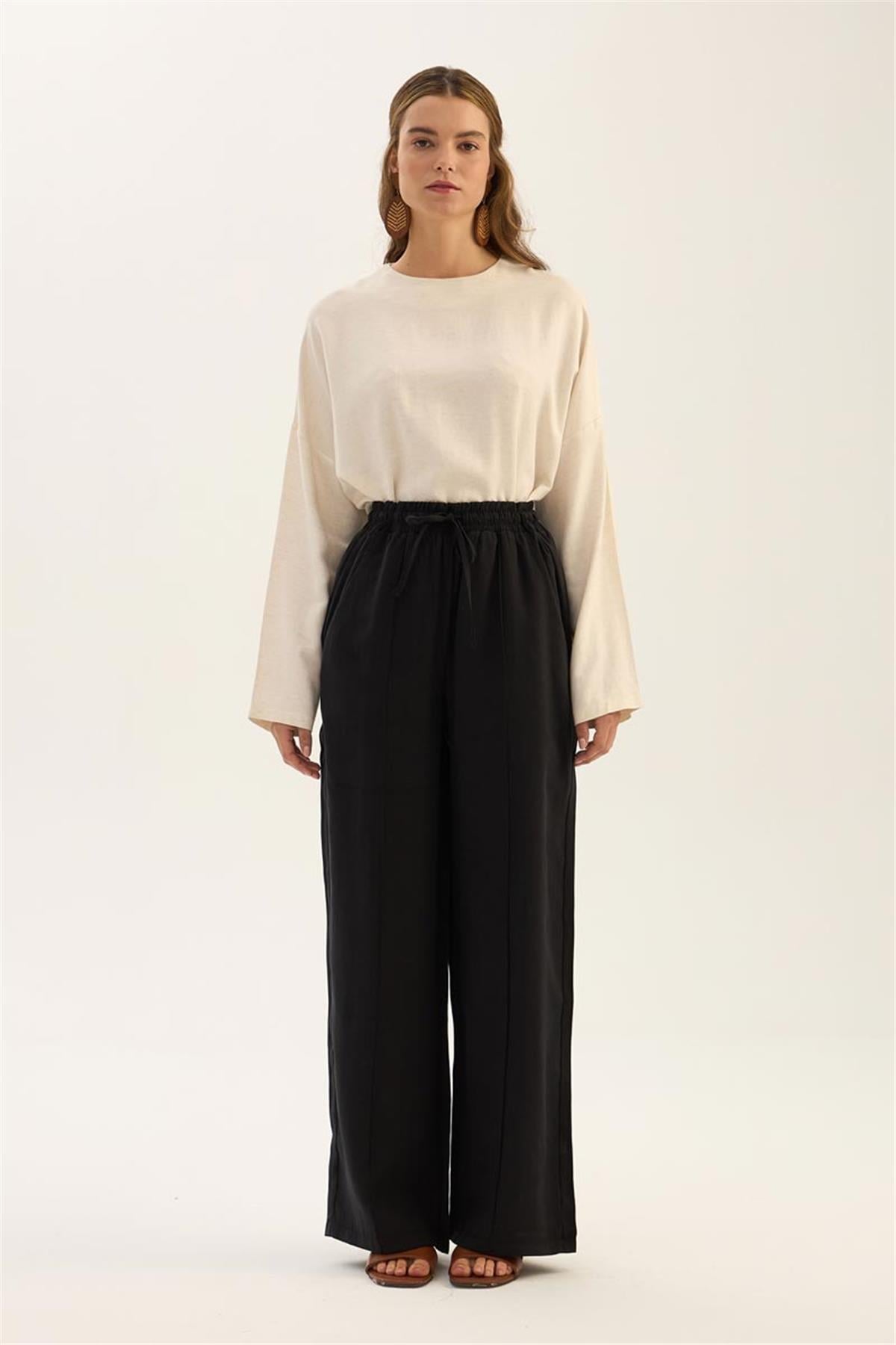 Önü Dikişli Tensel Pantolon Siyah