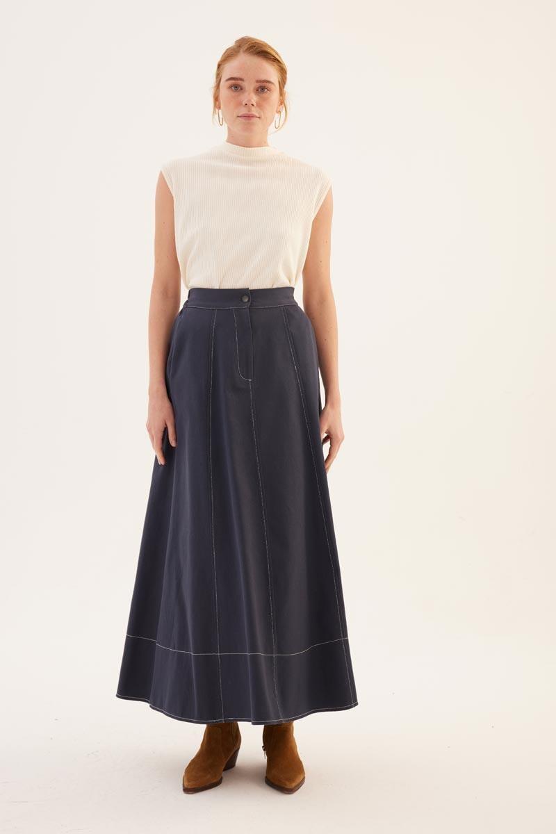 Parçalı Kanvas Etek Lacivert