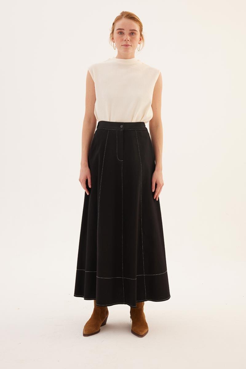 Parçalı Kanvas Etek Siyah