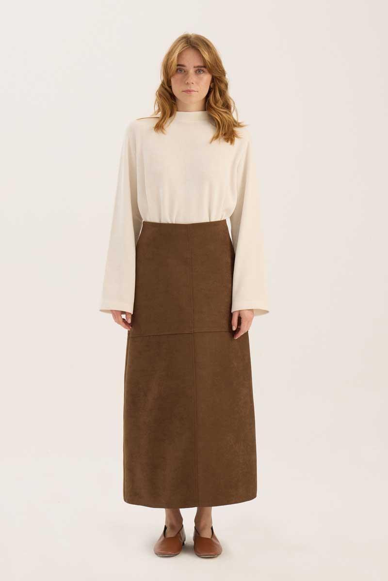 Parçalı Süet Etek Koyu camel