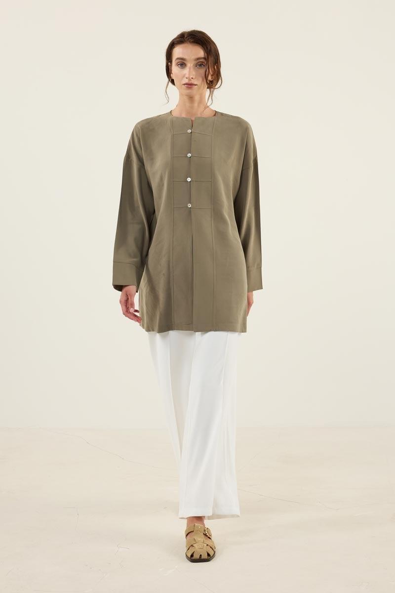 Sedef Düğmeli Modal Tunik Haki