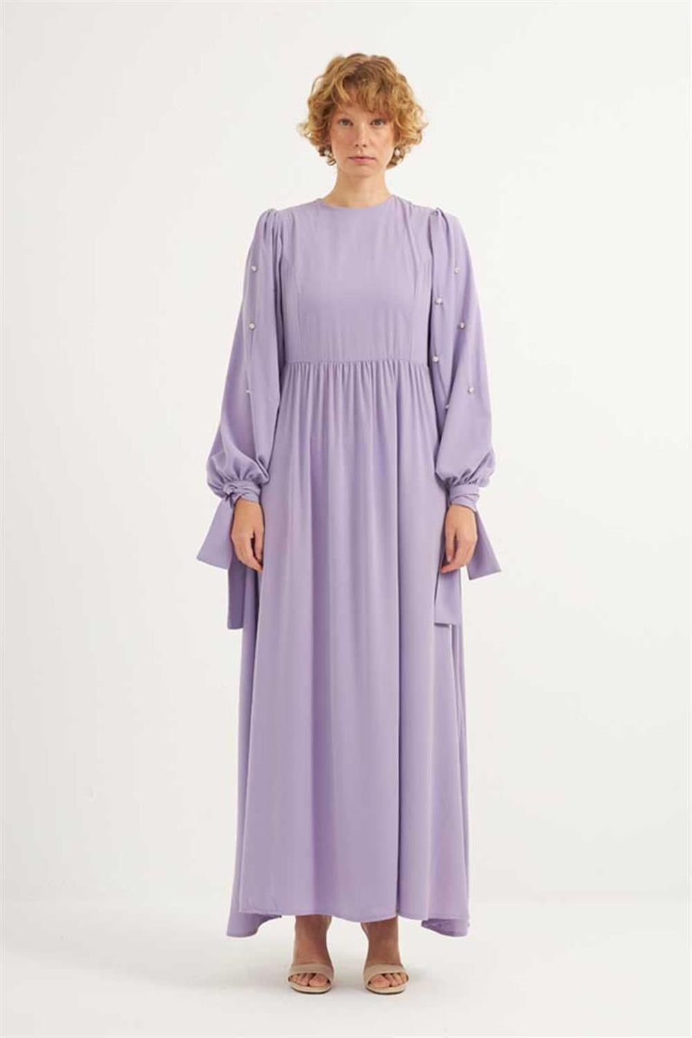 Taş İşlemeli Gece Elbisesi Lila