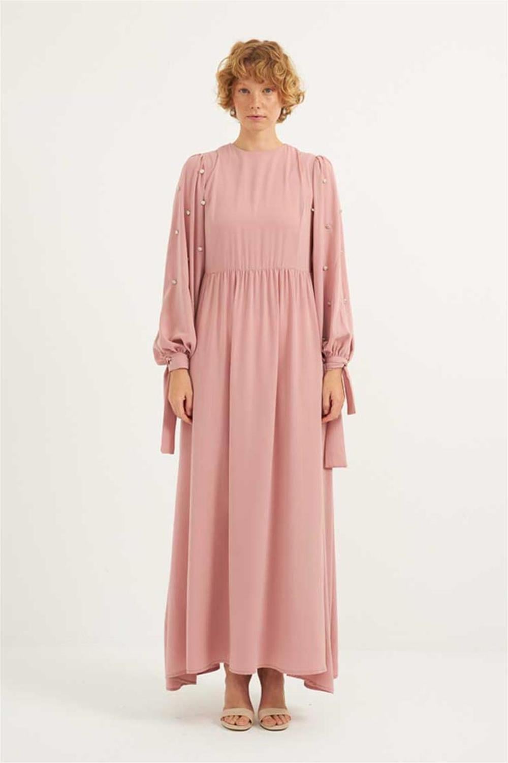 Taş İşlemeli Gece Elbisesi Pudra