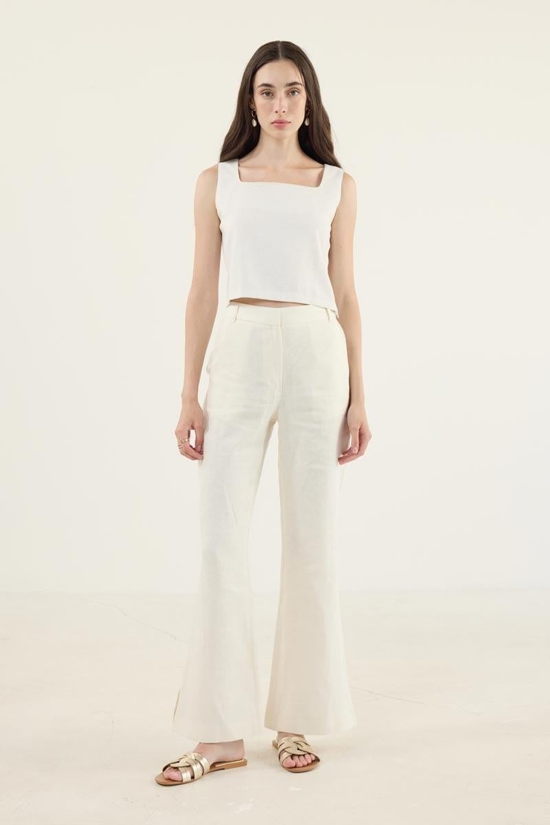 %100 Keten Flare Pantolon Ekru