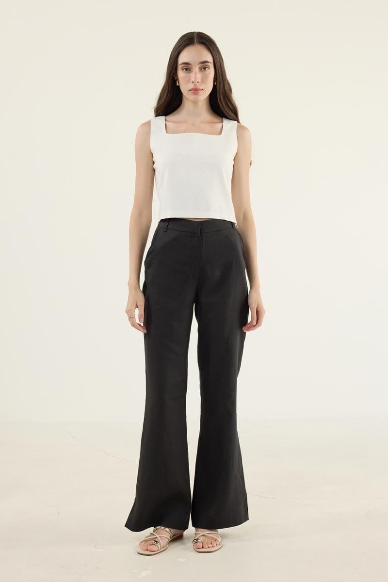 %100 Keten Flare Pantolon Siyah