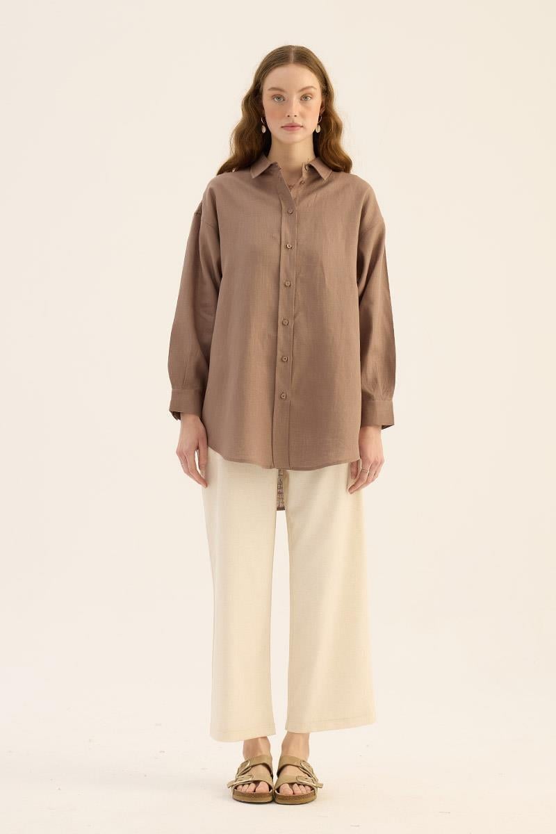 %100 Keten gömlek Vizon