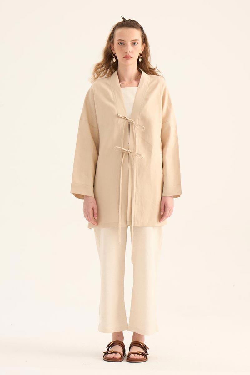 %100 Keten Kimono Krem
