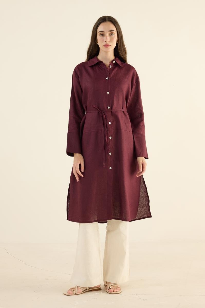 %100 Keten Parçalı Tunik Koyu Bordo