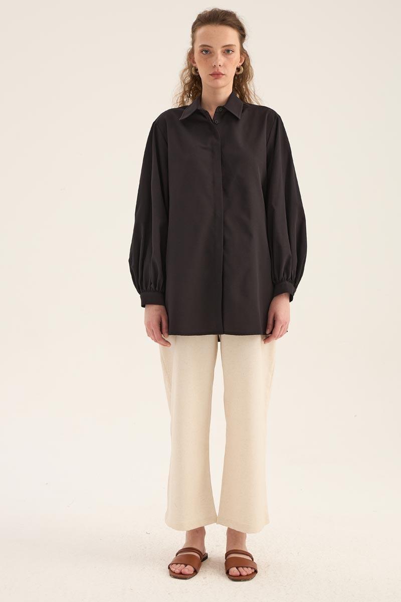 Balon Kollu Gömlek Siyah