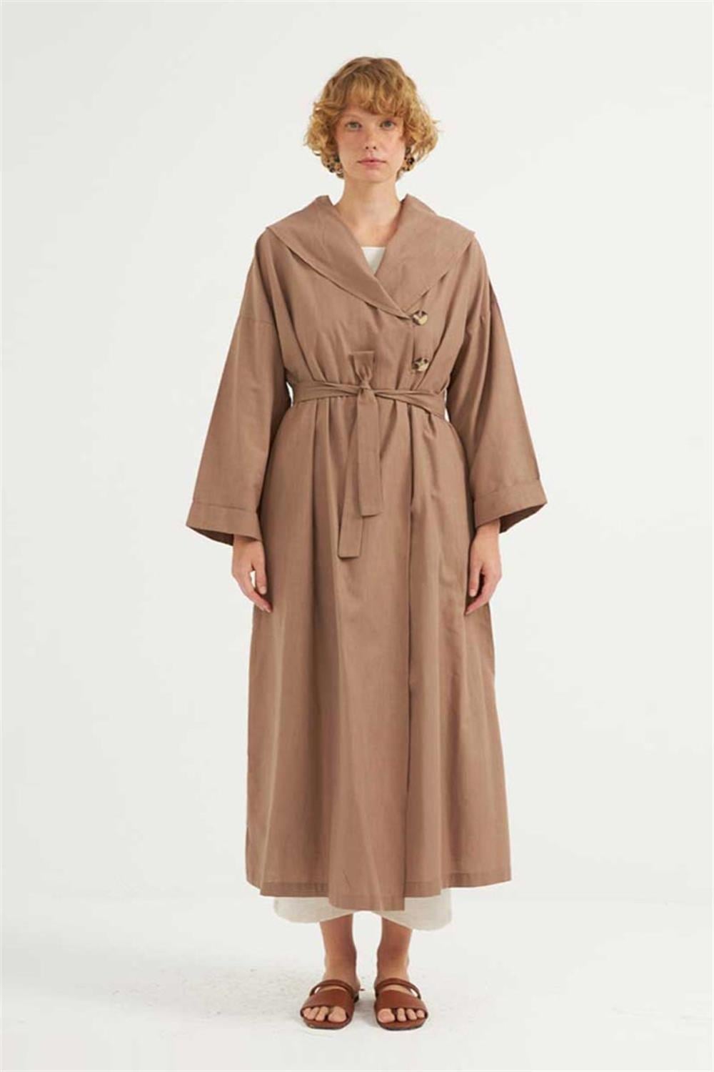 Çift Düğmeli Pamuk Kaftan Camel