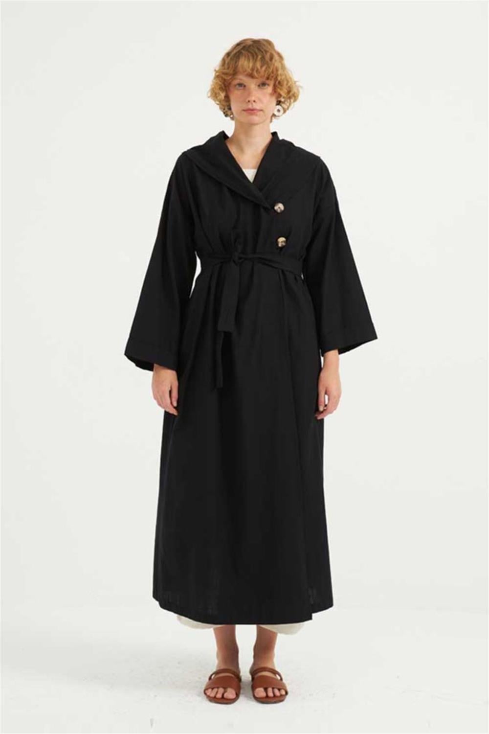 Çift Düğmeli Pamuk Kaftan Siyah