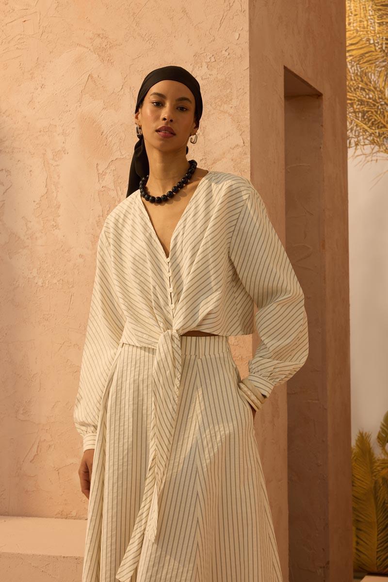 Çizgi Desenli Bağlamalı Kimono Krem