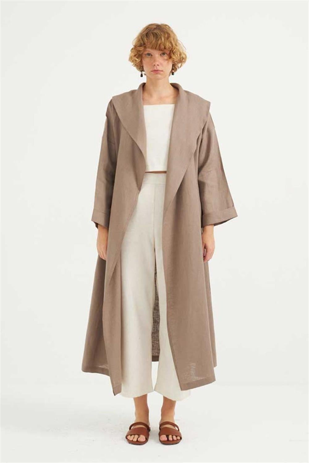 Dökümlü Ham Keten Kaftan Vizon