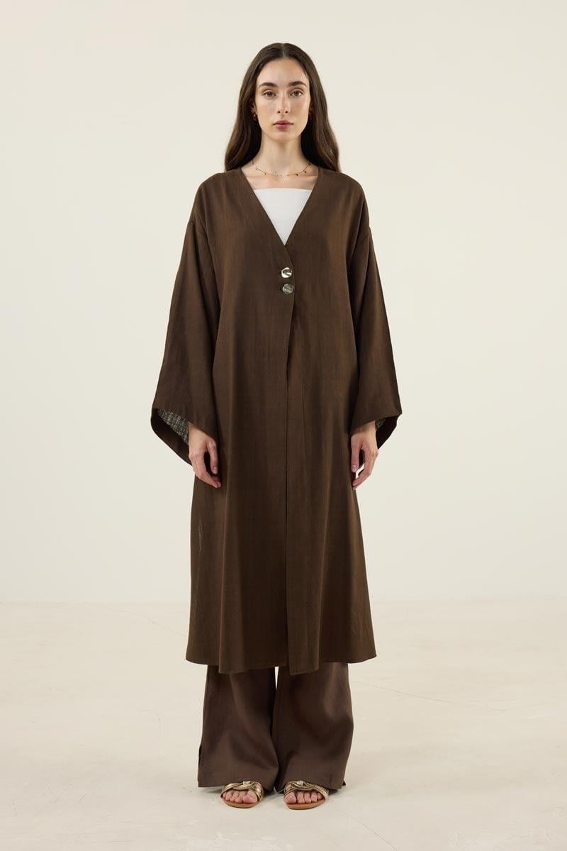 Gold Düğmeli %100 Pamuk Kaftan Acı kahve
