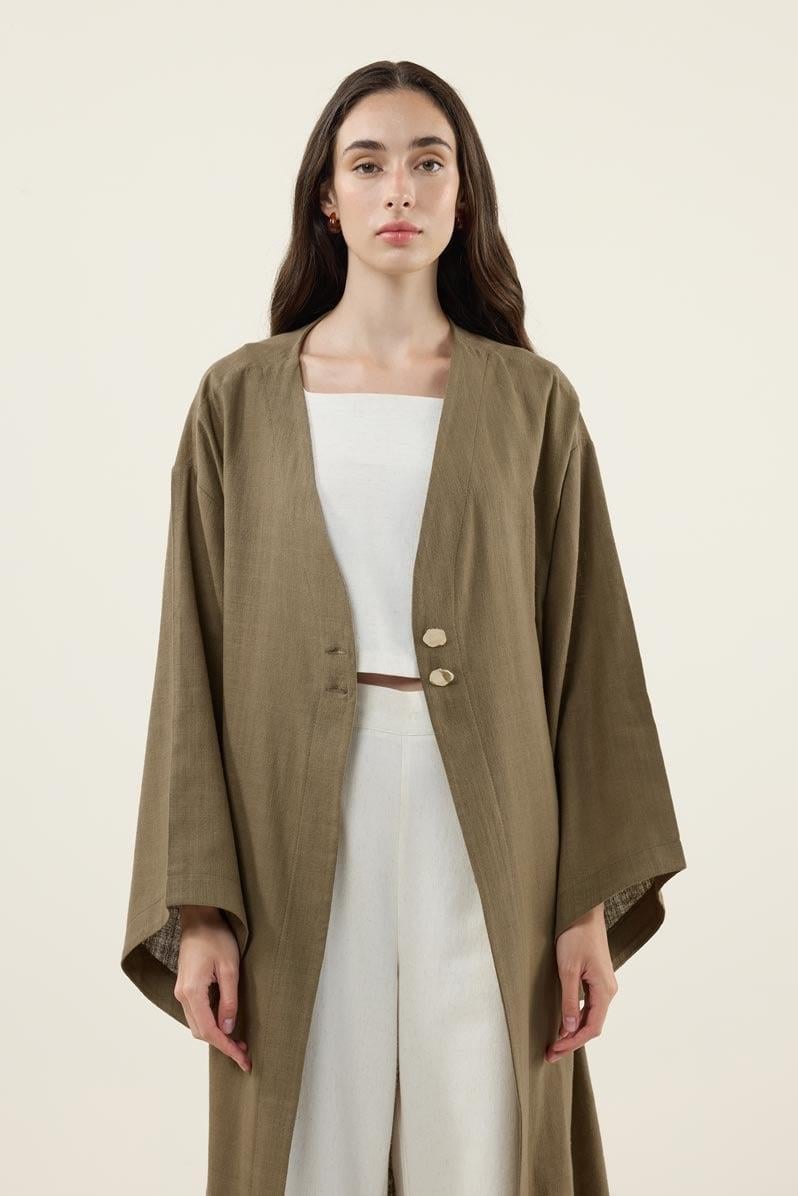 Gold Düğmeli %100 Pamuk Kaftan Haki