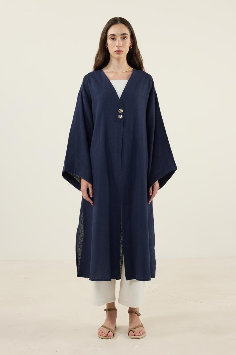 Gold Düğmeli %100 Pamuk Kaftan Lacivert