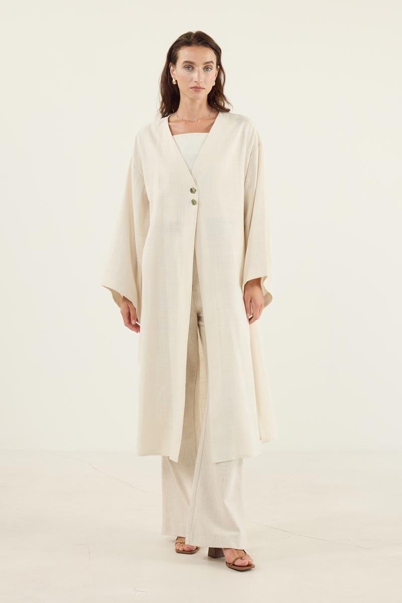 Gold Düğmeli %100 Pamuk Kaftan Naturel