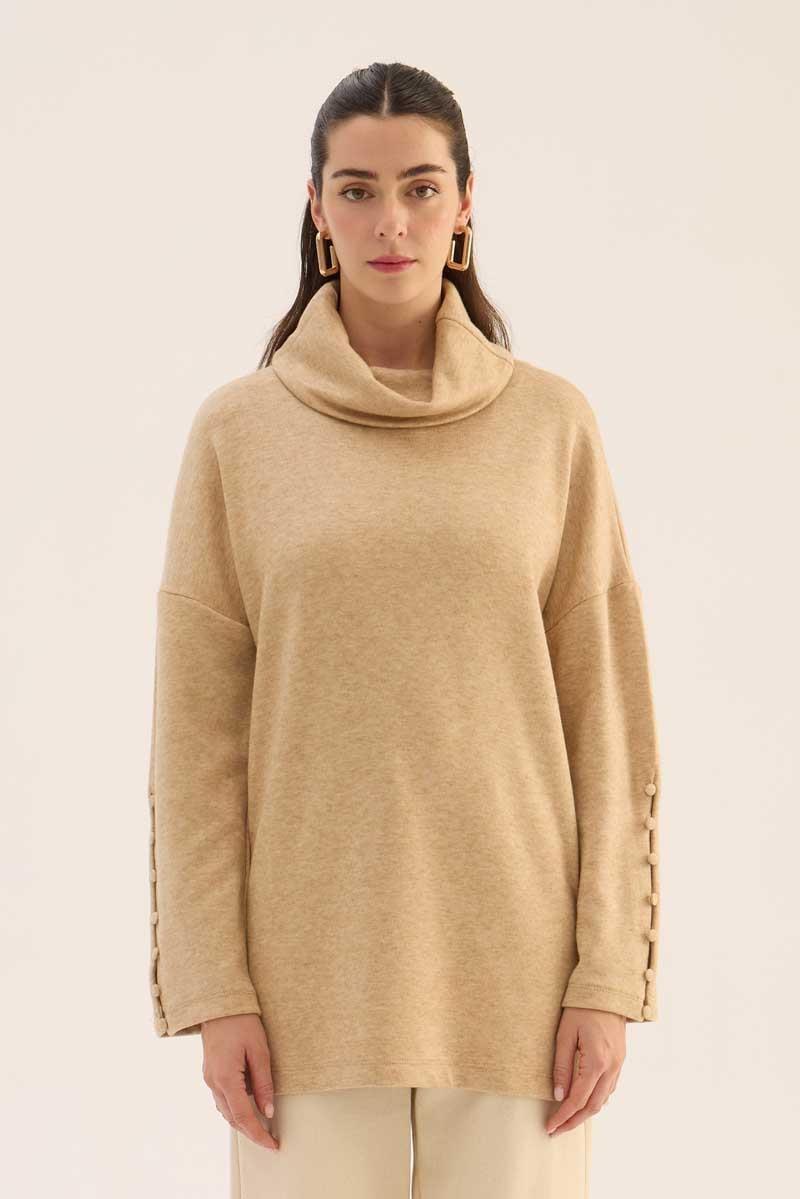 Kolları Düğmeli Kazak Açık Camel
