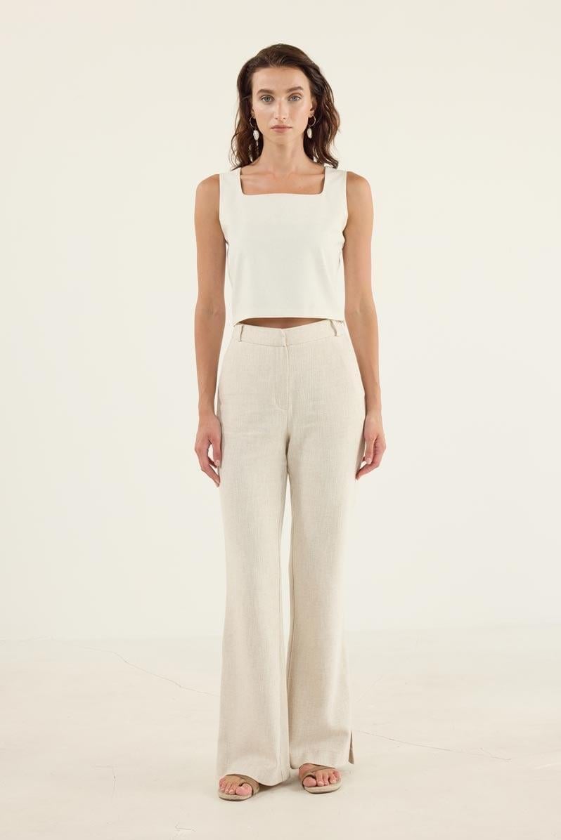 Naturel Keten Flare Pantolon Naturel