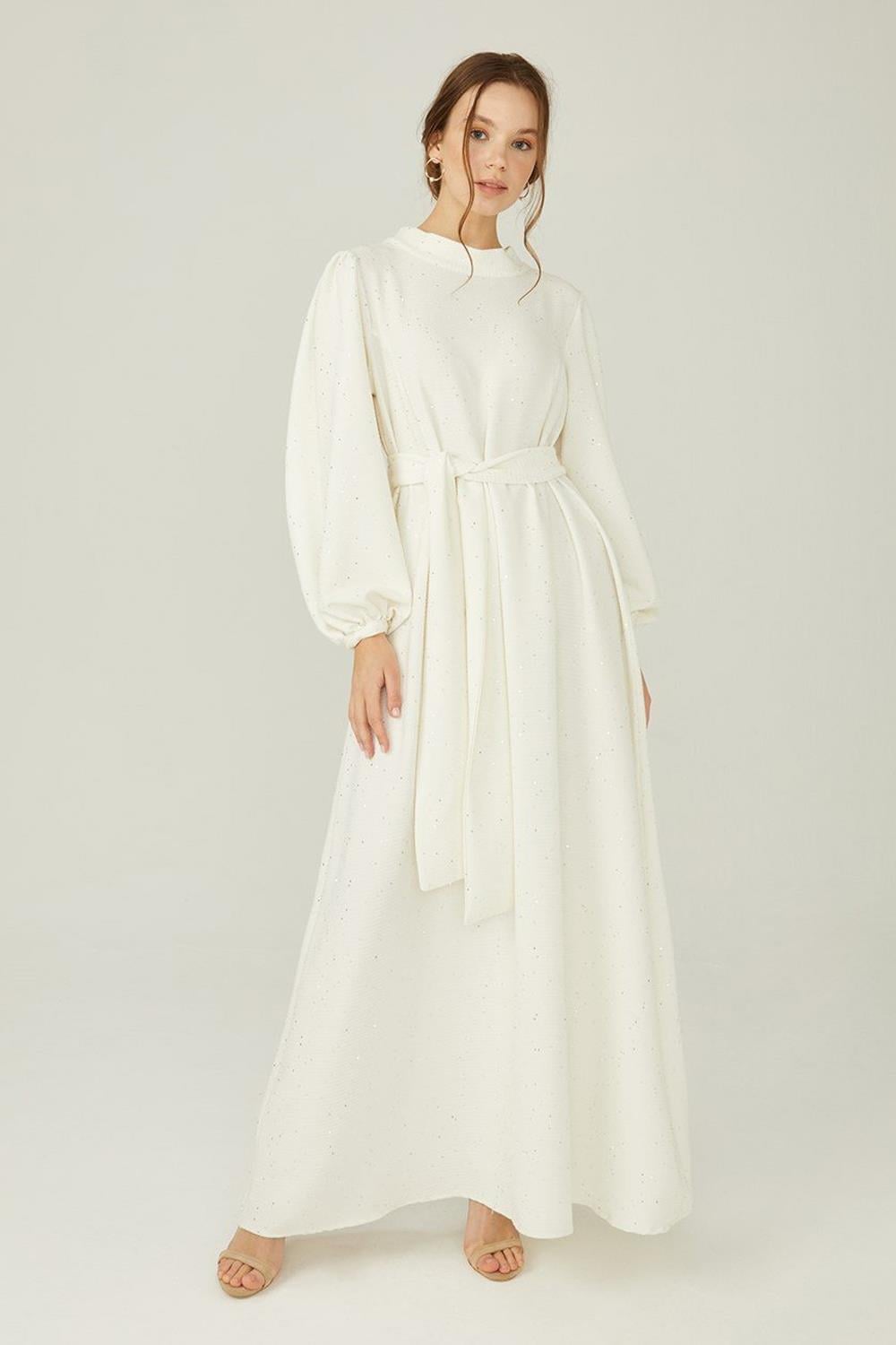 Parıltılı Elbise Ekru