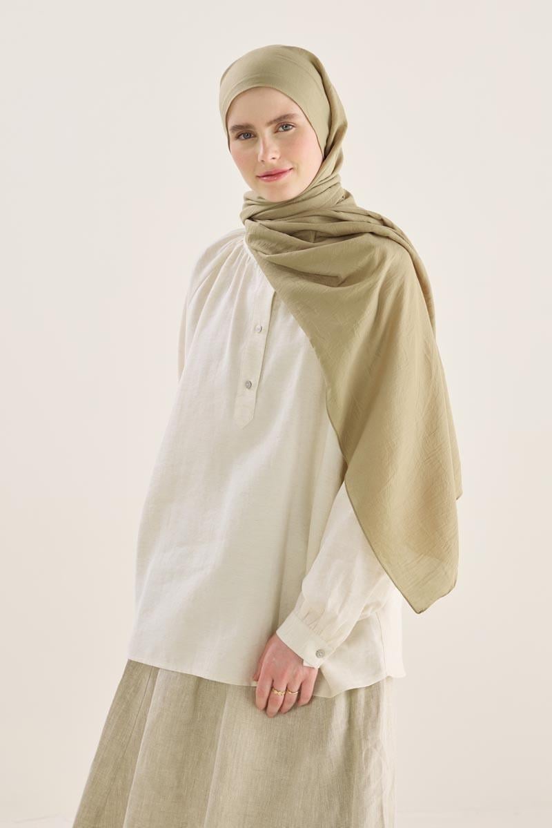 Reglan Kollu Keten Bluz Naturel