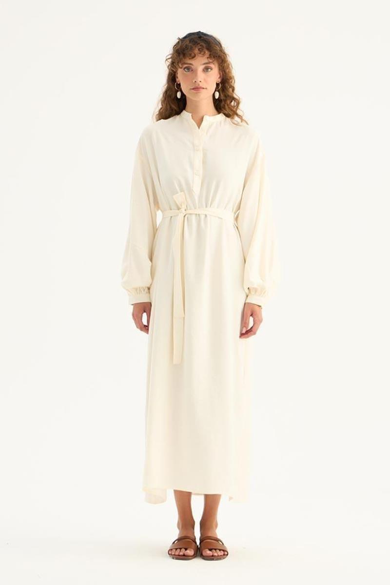 Yarım Patlı Modal Elbise Ekru