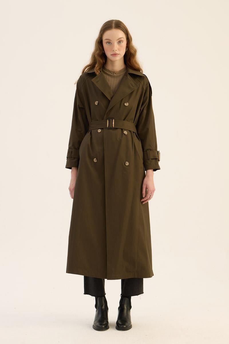 Yırtmaçlı Oversize Trençkot Koyu Haki