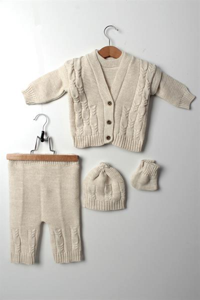 5li Bebek Kışlık Bej Triko Takım Kazak Yelek Pantolon Bere Patik Yeni Doğan Unisex