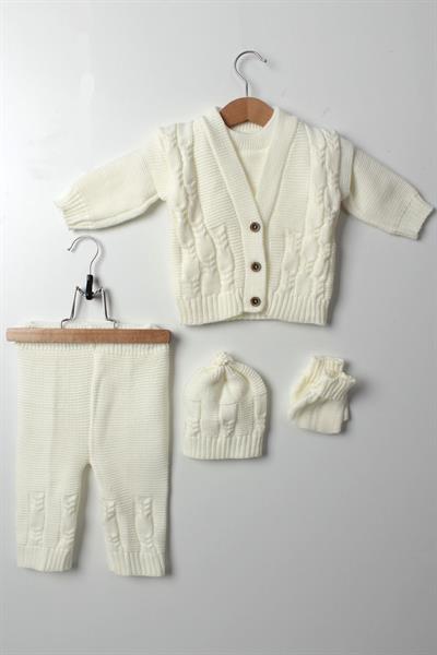 5li Bebek Kışlık Beyaz Triko Takım Kazak Yelek Pantolon Bere Patik Yeni Doğan Unisex