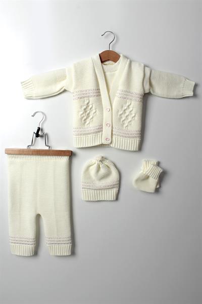 5'li Unisex Bebek Triko Takım 3-6 Ay, 6-9 Ay Yelek Kazak Bere Eldiven Şapka Beyaz Pembe