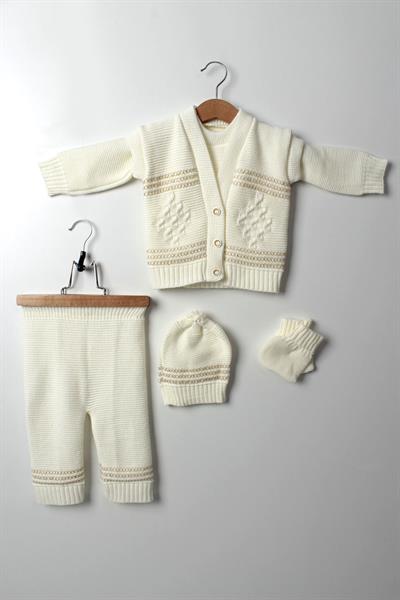 5li Unisex Bebek Triko Takım 3-6 Ay, 6-9 Ay Yelek Kazak Bere Eldiven Şapka Beyaz Bej