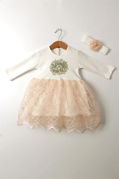 Kız Bebek Somon Elbise Tül Dantel Uzun Kollu Baharlık Doğum Günü Düğün Özel Gün