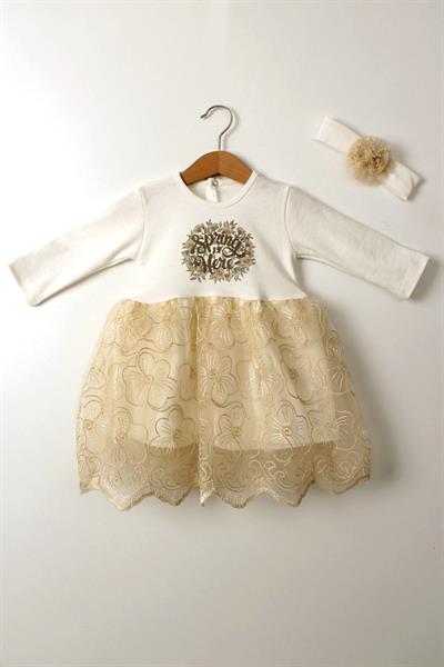 Kız Bebek Bej Elbise Tül Dantel Uzun Kollu Baharlık Doğum Günü Düğün Özel Gün