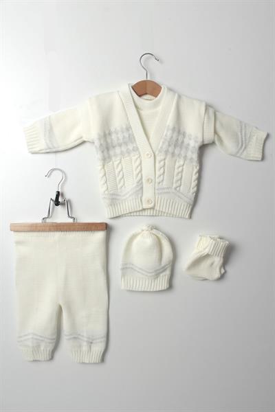 Bebek 5li Kışlık Triko Takım Kazak Yelek Pantolon Şapka Patik Unisex Krem Gri