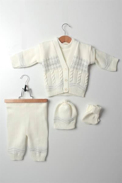 Bebek 5li Kışlık Triko Takım Kazak Yelek Pantolon Şapka Patik Unisex Krem Gri