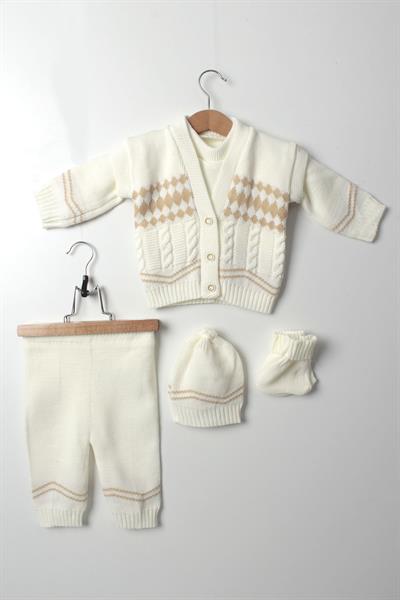 Bebek 5li Kışlık Triko Takım Kazak Yelek Pantolon Şapka Patik Unisex Krem Bej