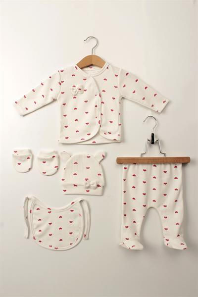 Bebek Hastane Çıkışı 5li Set - Organik Pamuk,Küçük Kalpli Desen, Yumuşak ve Nefes Alabilir