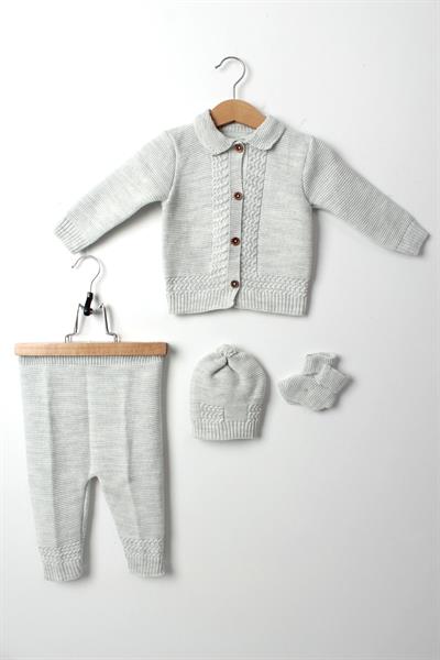 Bebek Triko Örgü Takım 4lü Gri Hırka Pantolon Bere Patik Yeni Doğan Kışlık Erkek Kız