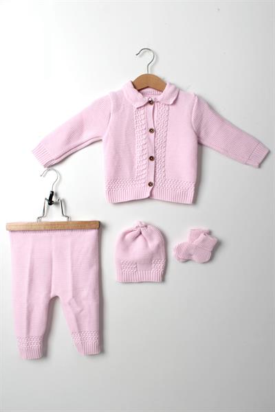Bebek Triko Örgü Takım 4lü Pembe Hırka Pantolon Bere Patik Yeni Doğan Kışlık Kız