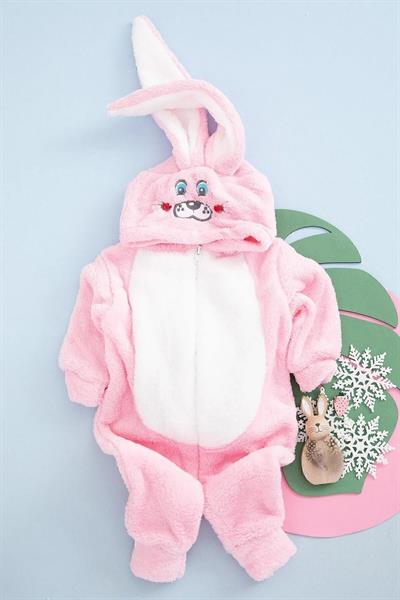 Kız Bebek Pembe Tavşan Polar Kapüşonlu Tulum Kostüm Uyku Tulum Kışlık Seviml