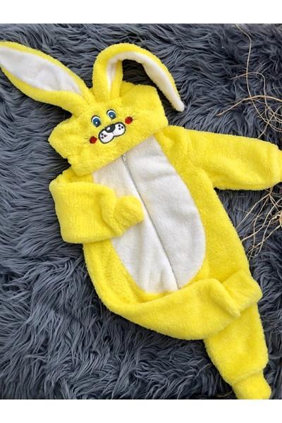 Unisex Bebek Sarı Tavşan Polar Tulum Kapüşonlu Kışlık Uyku Tulum Kostüm Sevimli