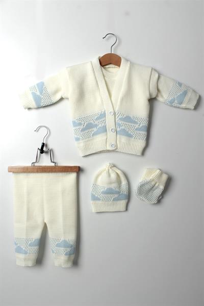 Erkek Bebek Triko Takım 5 Parça Mavi Bulut Desenli Kazak Yelek Pantolon Bere Eldiven