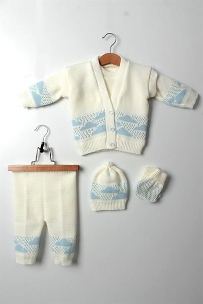 Erkek Bebek Triko Takım 5 Parça Bulut Desenli Kazak Yelek Pantolon Bere Eldiven Set