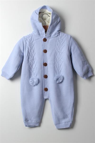 Erkek Bebek Mavi Triko Tulum Kapüşonlu Püskül Desenli Sıcak Kışlık Bebek Tulumu