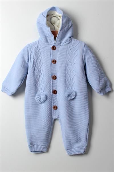 Erkek Bebek Mavi Triko Tulum Kapüşonlu Püskül Desenli Sıcak Kışlık Bebek Tulumu