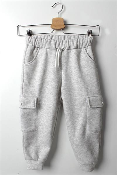Erkek Çocuk Açık Gri Kalın Şardonlu Kargo Eşofman Altı – Kışlık Lastikli Paça Rahat Kesim