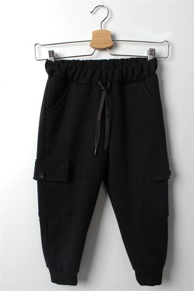 Erkek Çocuk Antrasit Kalın Şardonlu Kargo Eşofman Altı – Kışlık Lastikli Paça Rahat Kesim