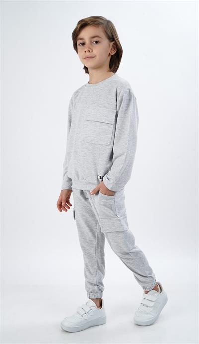 Erkek Çocuk Gri Cepli Mevsimlik Eşofman Takımı | Rahat Jogger Alt ve Sweatshirt