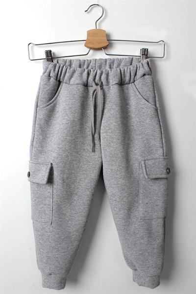 Erkek Çocuk Gri Kalın Şardonlu Kargo Eşofman Altı – Kışlık Lastikli Paça Rahat Kesim